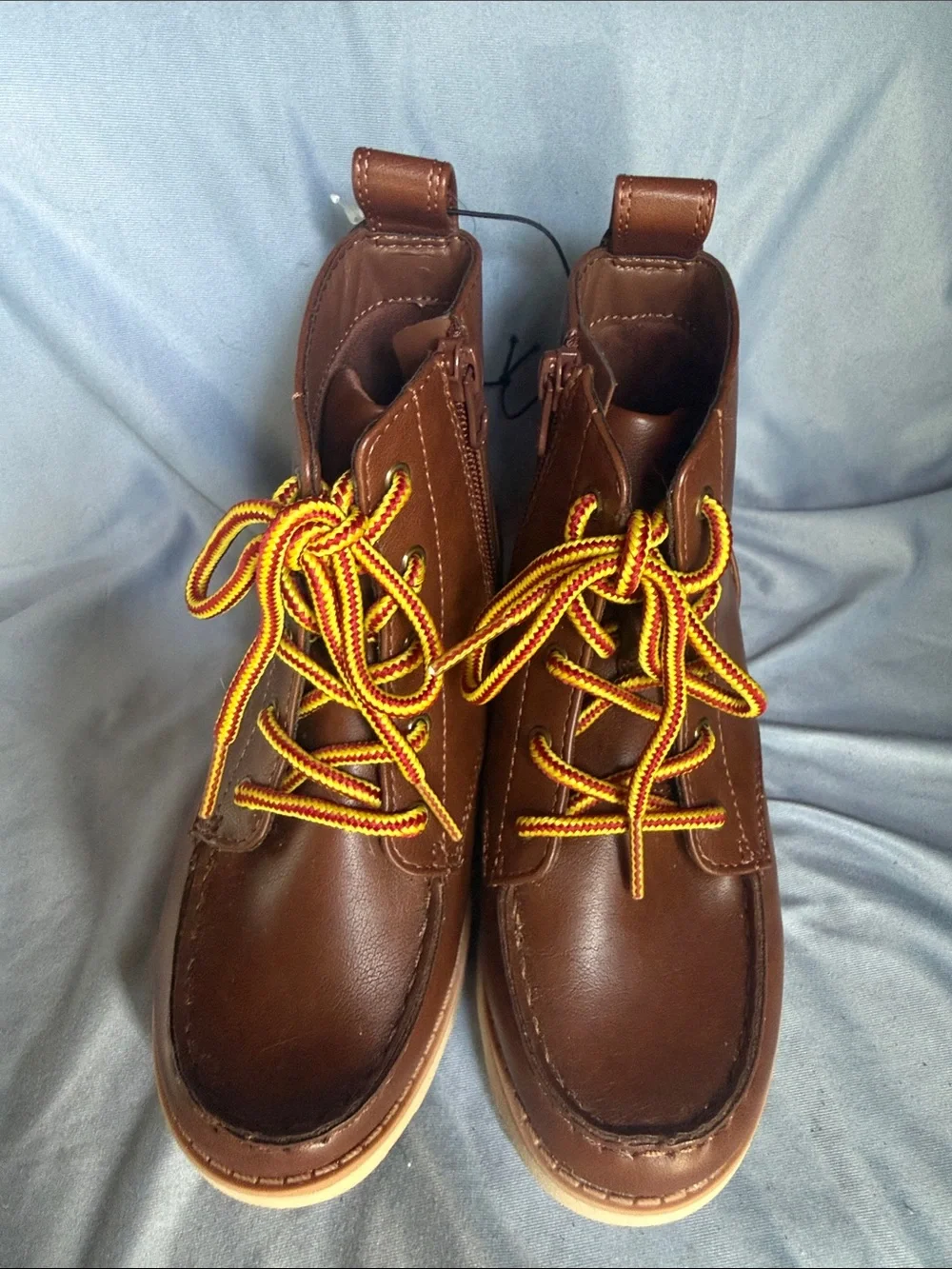 Cat and Jack Brown Leather Lace-Up Boots with Yellow-Red Laces and